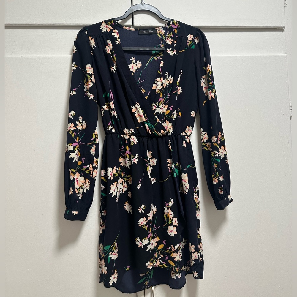 Long sleeve kimono style floral navy dress